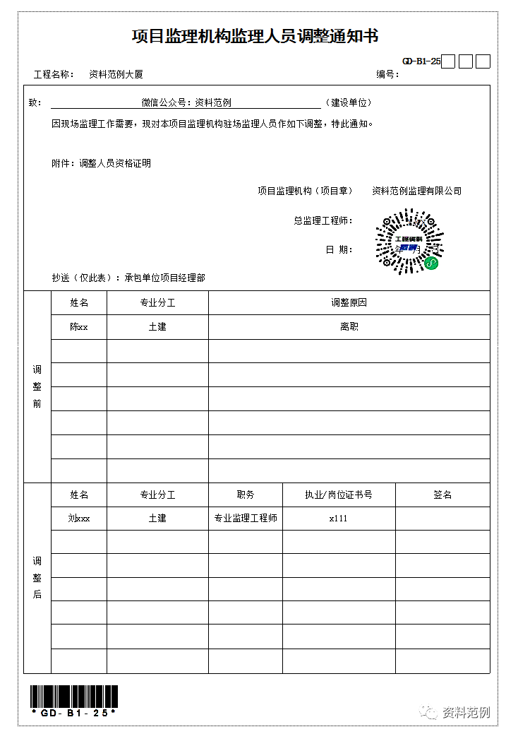 项目监理机构监理人员调整通知书