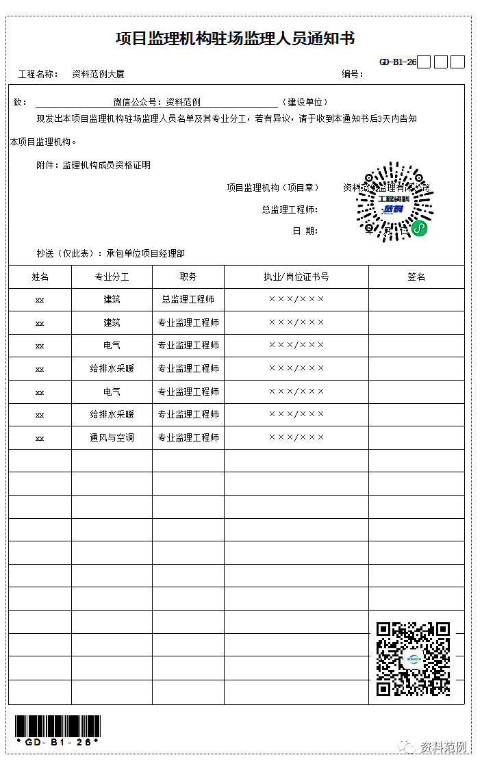 项目监理机构驻场监理人员通知书